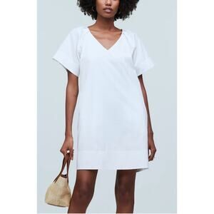 NWT V-Neck Cotton Poplin Shirt‎ Dress, Puff Sleeves, White, Sz XS
